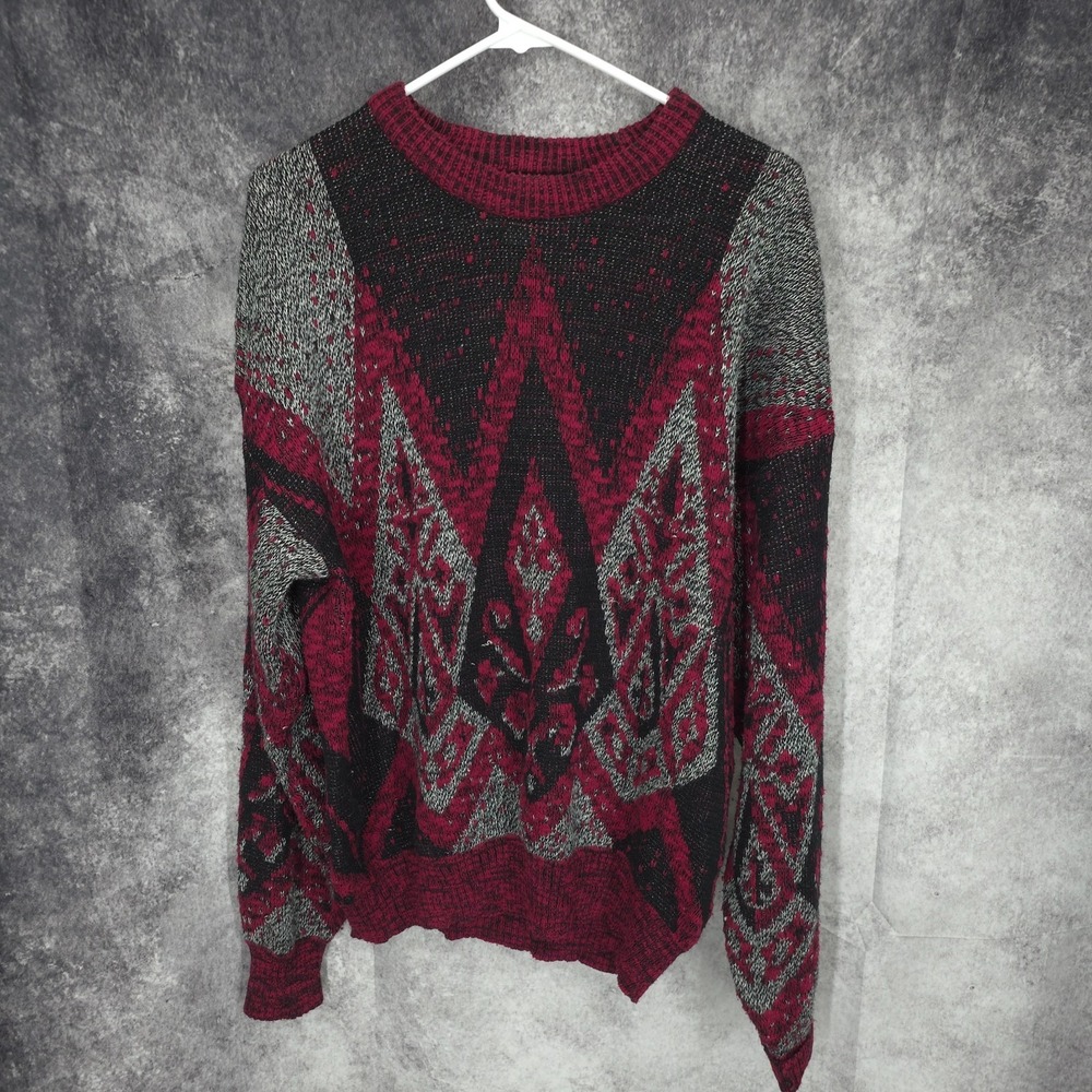Vtg 80s Expressions Sweater Mens‎ Large  Red Black Jumper Tapestry Geometric